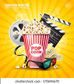 Vector illustration for the film industry. Elements of the film industry. A box of popcorn and other elements of the movie.