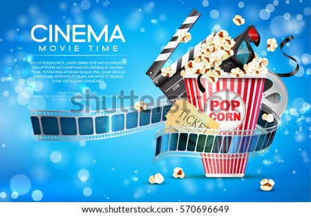Vector illustration for the film industry. Elements of the film industry. A box of popcorn and other elements of the movie.