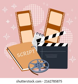 Vector illustration of the film production. Movie script. Background for video production.