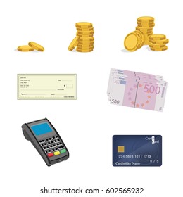 Vector illustration finance and banking icon set. Credit card, coins, euro banknotes, check and pos terminal