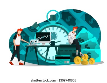 vector illustration of finance, business, currency, study, investment education, time is money and profit.people pay attention to capital market and receive dollar and coin. flat cartoon character