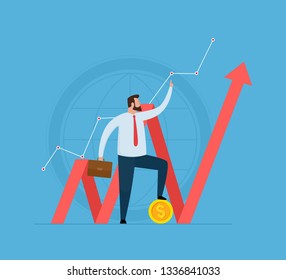 Vector illustration finance and economy profit concept. Businessman is standing with a gold coin and on growth charts.