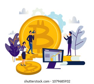 vector illustration finance. graphic elements onlain investing analysis of crypto currency. people invest in coin bitcoin. Trends colors and stylish flat graphics