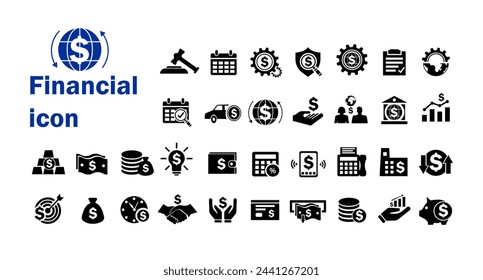 Vector illustration of finance icons such as money, bank, check, legal, auction, exchange, payment, wallet, deposit, pig, calculator, and other icons.