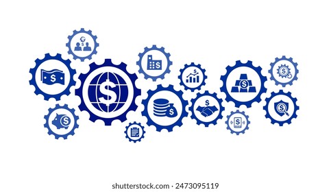 Vector illustration of finance icons such as money, bank, check, legal, auction, exchange, payment, wallet, deposit, pig, calculator, and other icons.