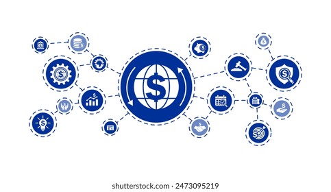 Vector illustration of finance icons such as money, bank, check, legal, auction, exchange, payment, wallet, deposit, pig, calculator, and other icons.