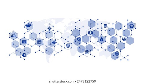 Vector illustration of finance icons such as money, bank, check, legal, auction, exchange, payment, wallet, deposit, pig, calculator, and other icons.