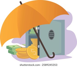 Vector illustration finance protection, safe money storage. Safe open under umbrella, cash banknotes, gold coins