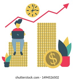 Vector illustration of finance successfull man working on laptop. Web programming flat vector. Minialistic.Trading cartoon design.