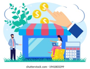 Vector Illustration Of Financial Aid In The Concept Of An Entrepreneur In Crisis. The Potential For Bankruptcy Is Overcome With Subsidies, Grants From Partners, The Government. Protection Of Employer.