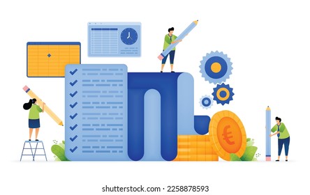 Vector illustration of financial auditing in bank management. Examining records and checklists for accuracy. Reviewing exam results and accounting data. Can use for ad, poster, campaign, website, apps