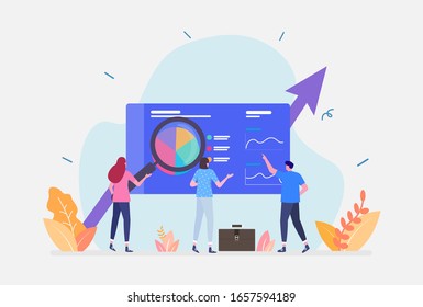 Ilustración vectorial, Concepto de auditoría financiera, Mostrando un grupo de contadores realizando la evaluación financiera de la empresa, Apto para la página de inicio, UI, web, tarjeta de introducción de aplicaciones, editorial, volante y banner