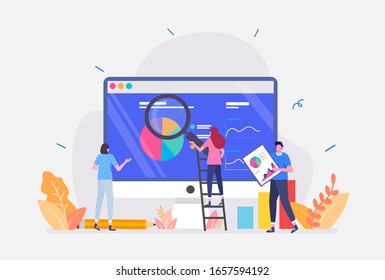 Ilustración vectorial, Concepto de auditoría financiera, Mostrando un grupo de contadores realizando la evaluación financiera de la empresa, Apto para la página de inicio, UI, web, tarjeta de introducción de aplicaciones, editorial, volante y banner