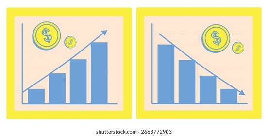 Ilustración vectorial de gráficos de barras financieras con monedas en dólares que muestran el crecimiento y la disminución del negocio, las ganancias y pérdidas, la tendencia de inversión y el concepto de análisis económico