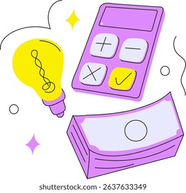 Vector illustration of financial concepts including budgeting, saving, donating, and managing money. Depicts a person facing financial problems, calculators, cash, coins, and a donation box. Ideal for