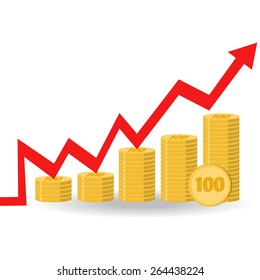 Vector illustration. Financial curve. Graph. Stacks of gold coins. 