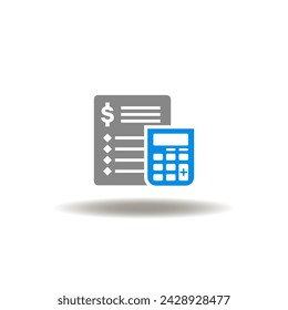 Ilustración vectorial de la lista de documentos financieros con calculadora. Icono de estimación de costes. Símbolo de contabilidad. Señal de informe financiero.