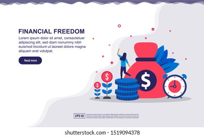 Vector illustration of financial freedom & business success concept with tiny people. Illustration for landing page, social media content, advertising. easy to edit and customize.