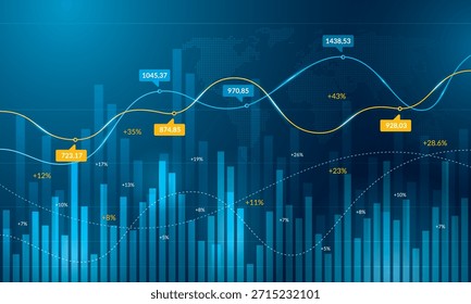 Ilustração vetorial de um gráfico de crescimento financeiro e negociação com fundo de mapa mundial. Conceito de investimento, economia global e análise de dados.