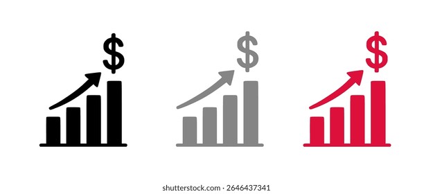Vector illustration of financial growth concept showcasing three bar chart designs with upward arrows and dollar signs