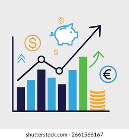 Ilustración vectorial del crecimiento financiero representada por un gráfico de barras, líneas de tendencia y símbolos monetarios y de ahorro que ilustran el crecimiento y la prosperidad.