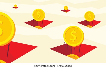 Vector illustration of a financial hole in the desert with gold coins in the global crisis.
