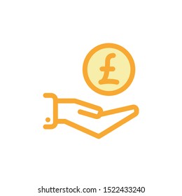 Vector illustration of financial icon. a hand holding a pound coin. filled outline style