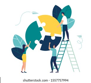 Vector illustration, financial management concept, statistics and business report, small people like jigsaw puzzles puzzles collect infographics vector