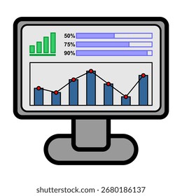 Ilustración vectorial de datos de gráficos financieros y de ventas en una pantalla de ordenador