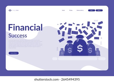 Vector illustration of a financial success web page with money bags, dollar bills, and modern purple and white layout
