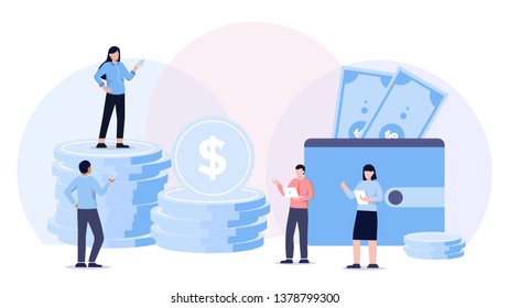 Vector illustration of financial transactions, money transfer, banking, large wallets with coins. Financial services, concept of money back, investment, currency exchange, savings account
