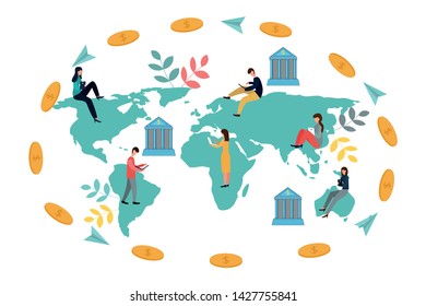 Vector illustration of financial transactions, money transfer. Electronic Wallets. Illustration in flat style.