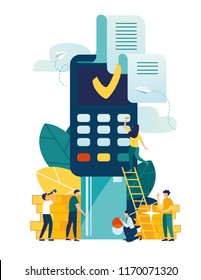 Vector illustration, financial transactions, non-cash transactions on payment. Pos-terminal and payment systems, monetary currencies, coins, Payment concept NFC