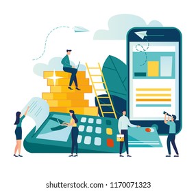 Vector illustration, financial transactions, non-cash transactions on payment. Pos-terminal and payment systems, monetary currencies, coins, Payment concept NFC