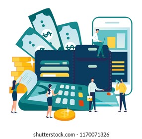 Vector illustration, financial transactions, non-cash transactions on payment. Pos-terminal and payment systems, monetary currencies, coins, Payment concept NFC