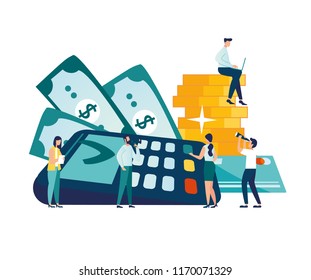 Vector illustration, financial transactions, non-cash transactions on payment. Pos-terminal and payment systems, monetary currencies, coins, Payment concept NFC