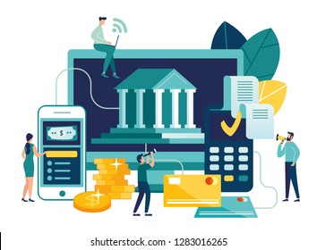 Vector illustration, financial transactions, non-cash payment transactions. Pos-terminal and payment systems, currency, coins, NFC payment system - Vector, money transfer