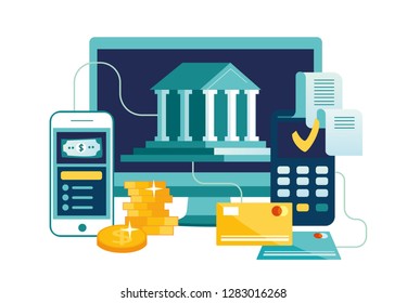 Vector illustration, financial transactions, non-cash payment transactions. Pos-terminal and payment systems, currency, coins, NFC payment system - Vector, money transfer