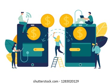 Vector illustration, financial transactions, non-cash payment transactions. Pos-terminal and payment systems, currency, coins, NFC payment system - Vector, money transfer