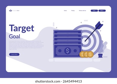 Ilustração vetorial de uma página da web financeira com o texto do objetivo alvo, pilha de dinheiro, moedas e dardo atingindo bullseye no tema roxo