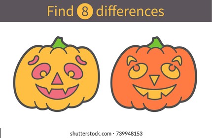Vector illustration: Find differences - amusing game for kids -  the cute characters Carved Pumpkins isolated on white background. For your Halloween holiday pastime.