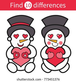 Vector illustration: Find differences - amusing game for kids -  the cute characters Snowmen isolated on white background. For your Christmas holiday pastime.
