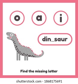 Vector illustration. Find the missing letter. Worksheet for kids kindergarten, preschool and school age. Cute dinosaur.