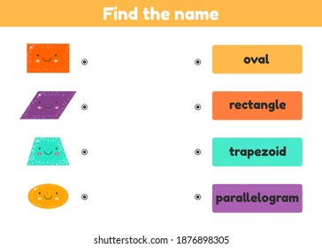 Ilustración vectorial. Encuentra el nombre. Juego coincidente. Figura geométrica. Hoja de trabajo para niños en edad preescolar, preescolar y escolar.