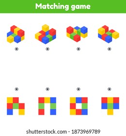 Vector illustration. Find the top view. Matching game. Color cubes. Worksheet for kids kindergarten, preschool and school age.