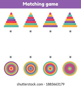 Vector illustration. Find the top view. Matching game. Pyramids. Worksheet for kids kindergarten, preschool and school age.