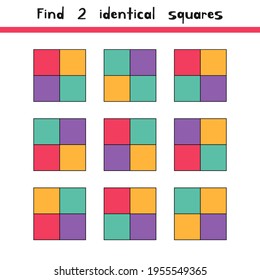 Vector illustration. Find two identical squares. Worksheet for kids kindergarten, preschool and school age.