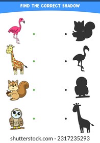 vector illustration finding the correct shadow wild animals flamingo giraffe squirrel owl printable