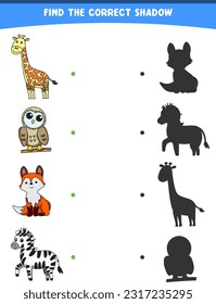 vector illustration finding the correct shadow wild animals giraffe owl fox zebra printable