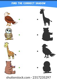 vector illustration finding the correct shadow wild animals eagle owl giraffe bear printable